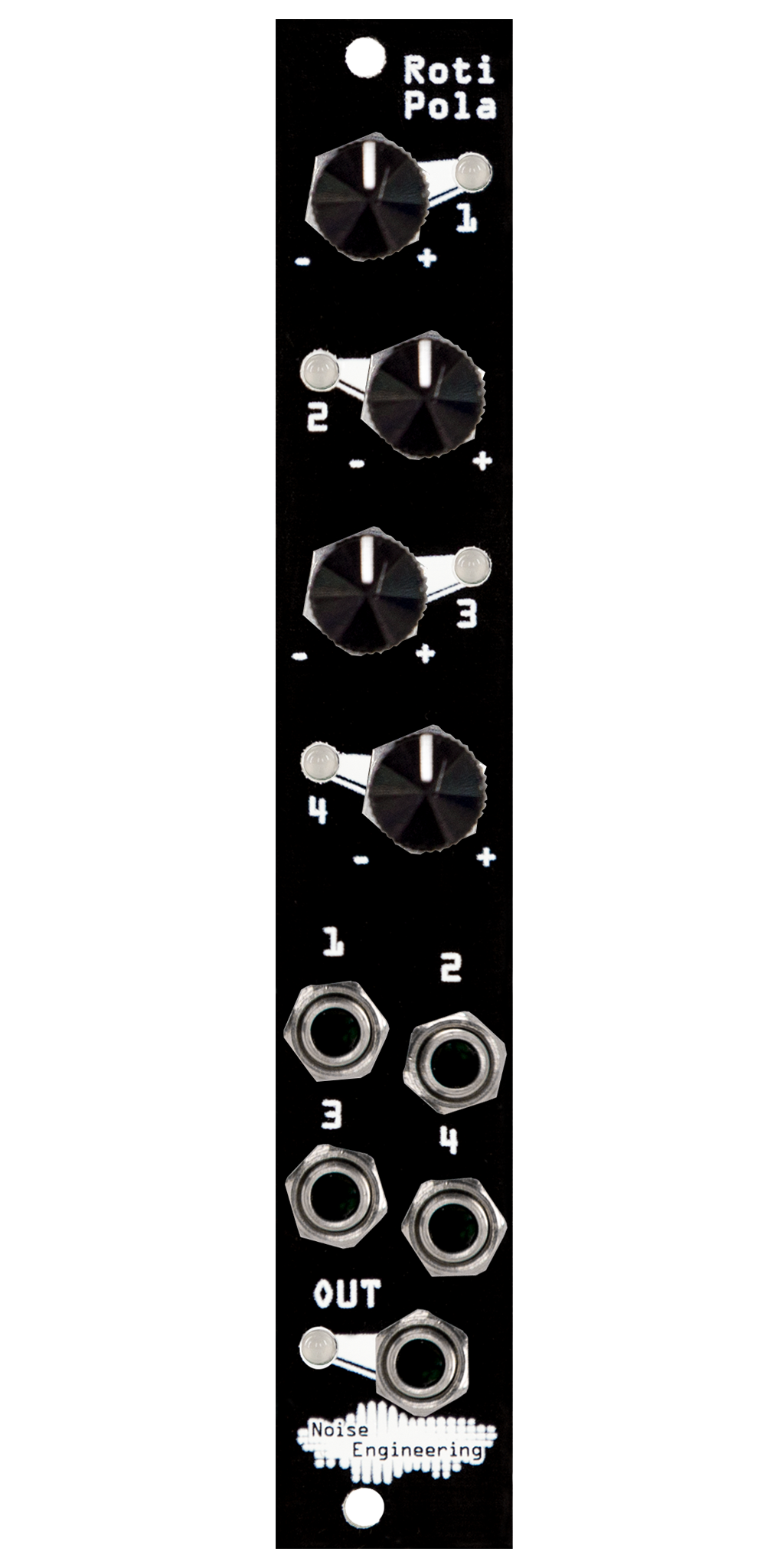 Four-input attenuverting CV mixer with four inputs and pots and one output in black  | Roti Pola by Noise Engineering