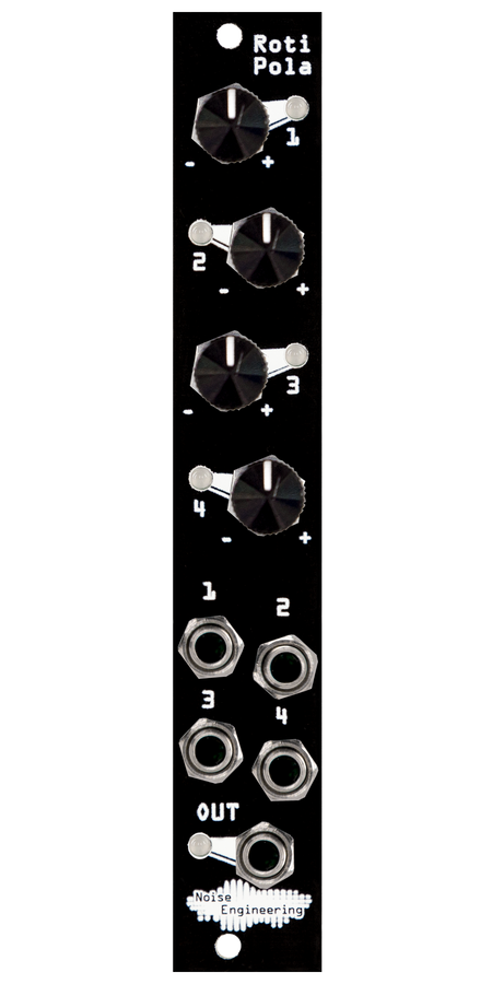 Four-input attenuverting CV mixer with four inputs and pots and one output in black  | Roti Pola by Noise Engineering