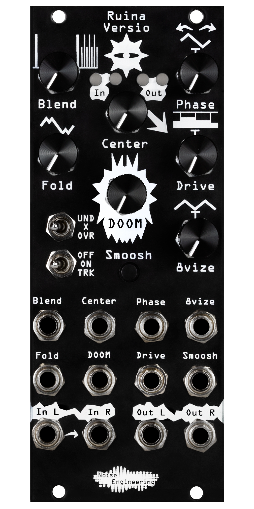 Ruina Versio distortion black Eurorack module with an ominous eyeball icon, with knobs and switches on the top and jacks on the bottom. | Noise Engineering