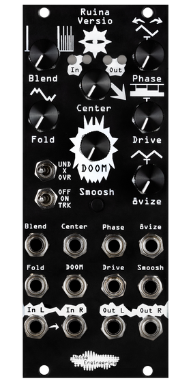 Ruina Versio distortion black Eurorack module with an ominous eyeball icon, with knobs and switches on the top and jacks on the bottom. | Noise Engineering