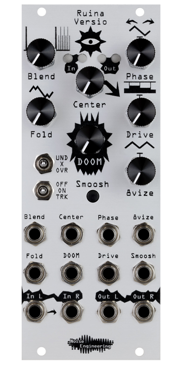 Load image into Gallery viewer, Ruina Versio distortion silver Eurorack module with an ominous eyeball icon, with knobs and switches on the top and jacks on the bottom. | Noise Engineering
