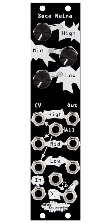 Load image into Gallery viewer, Seca Ruina distortion Eurorack module with industrial art connecting three knobs and LEDs at top with jacks at bottom with black panel | Noise Engineering
