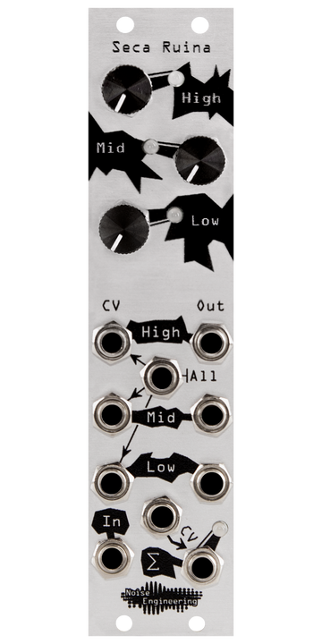 Load image into Gallery viewer, Seca Ruina distortion Eurorack module with industrial art connecting three knobs and LEDs at top with jacks at bottom with silver panel | Noise Engineering
