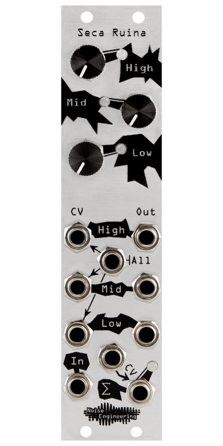Seca Ruina distortion Eurorack module with industrial art connecting three knobs and LEDs at top with jacks at bottom with silver panel | Noise Engineering