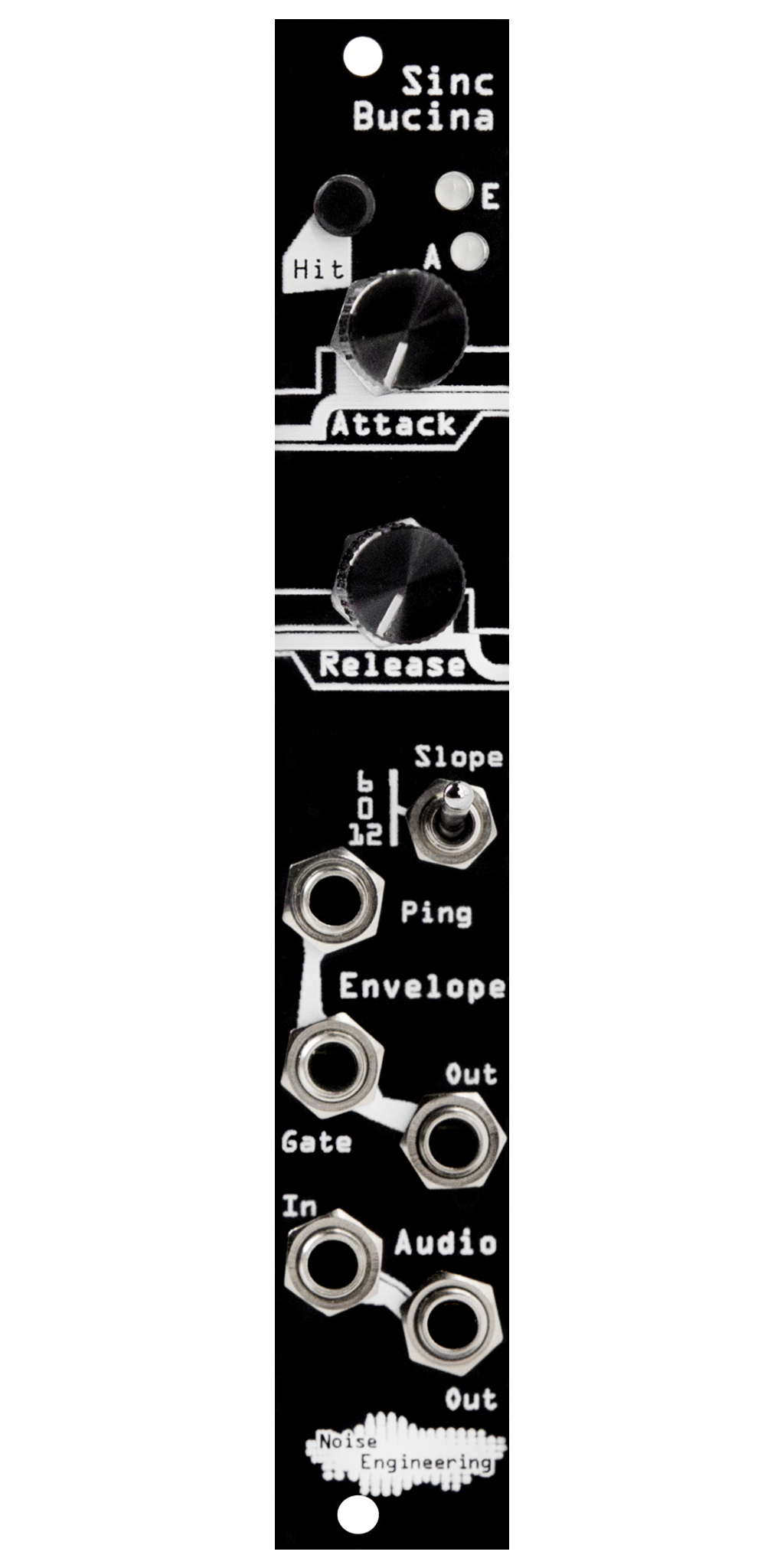 Sinc Bucina resonant lowpass gate black Eurorack module with industrial art with two knobs, LEDs, and a switch at top and jacks at bottom | Noise Engineering