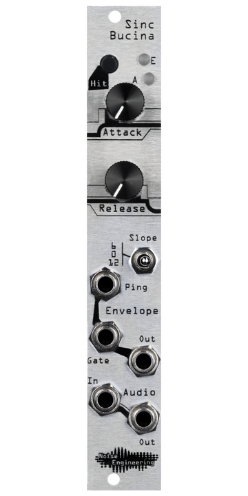 Load image into Gallery viewer, Sinc Bucina resonant lowpass gate silver Eurorack module with industrial art with two knobs, LEDs, and a switch at top and jacks at bottom | Noise Engineering
