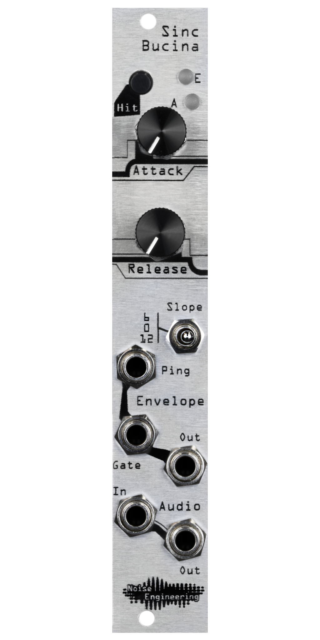Sinc Bucina resonant lowpass gate silver Eurorack module with industrial art with two knobs, LEDs, and a switch at top and jacks at bottom | Noise Engineering