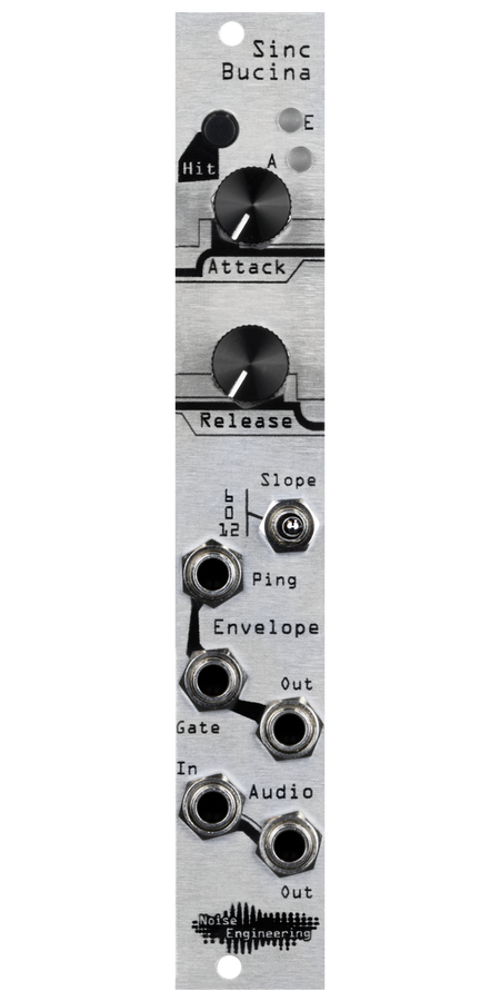 Sinc Bucina resonant lowpass gate silver Eurorack module with industrial art with two knobs, LEDs, and a switch at top and jacks at bottom | Noise Engineering