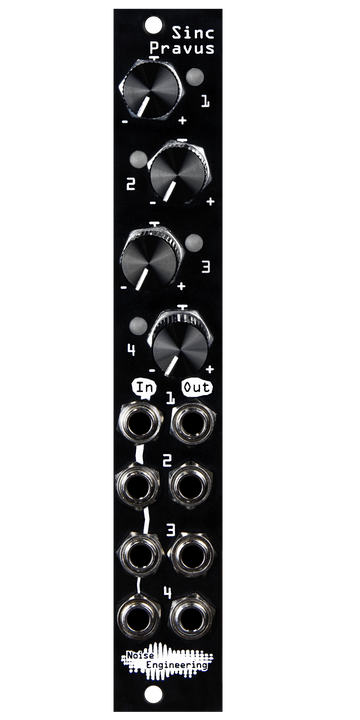 Load image into Gallery viewer, Sinc Pravus 4hp offset and mult in black with knobs and LEDs at top and jacks at bottom | Noise Engineering
