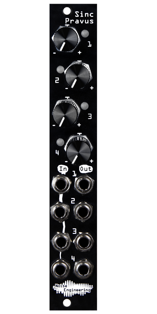 Sinc Pravus 4hp offset and mult in black with knobs and LEDs at top and jacks at bottom | Noise Engineering