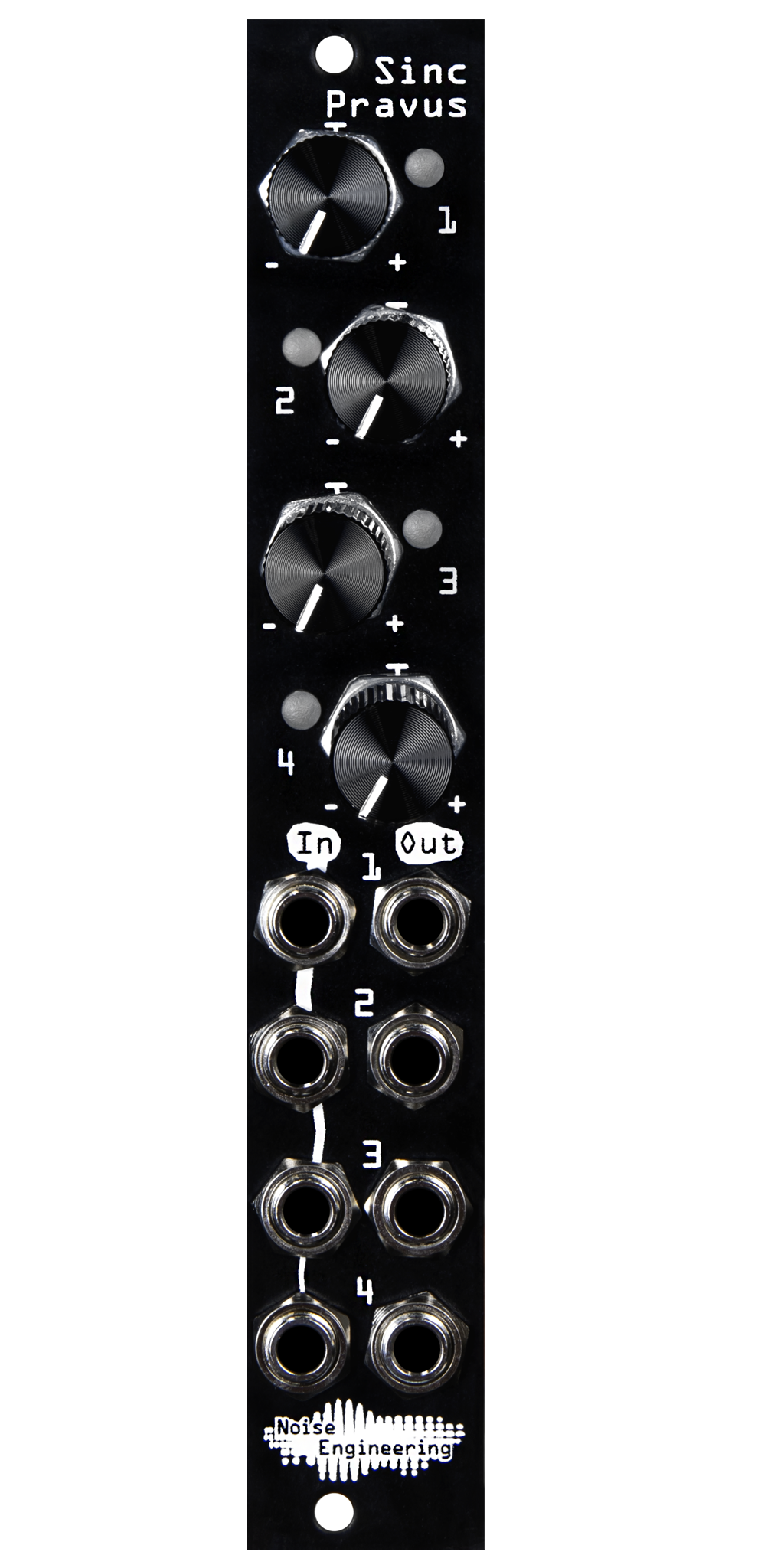 Sinc Pravus 4hp offset and mult in black with knobs and LEDs at top and jacks at bottom | Noise Engineering