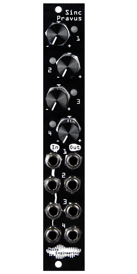 Sinc Pravus 4hp offset and mult in black with knobs and LEDs at top and jacks at bottom | Noise Engineering