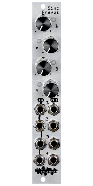 Load image into Gallery viewer, Sinc Pravus 4hp offset and mult in silver with knobs and LEDs at top and jacks at bottom | Noise Engineering
