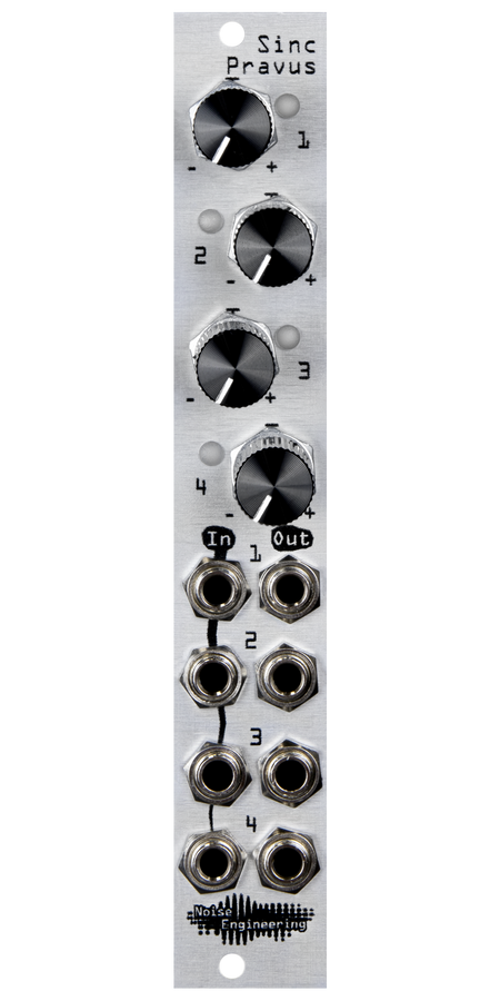 Sinc Pravus 4hp offset and mult in silver with knobs and LEDs at top and jacks at bottom | Noise Engineering