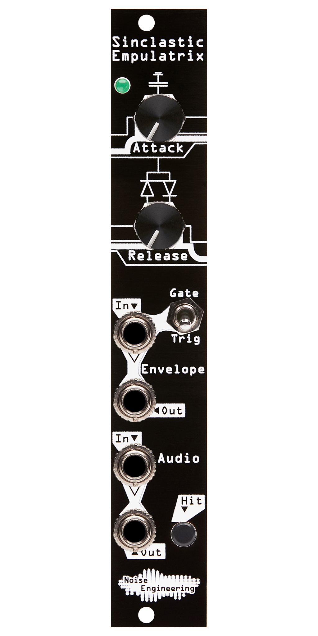 Exponential Attack-Release envelope generator combined with a clamping VCA in black | Sinclastic Empulatrix by Noise Engineering