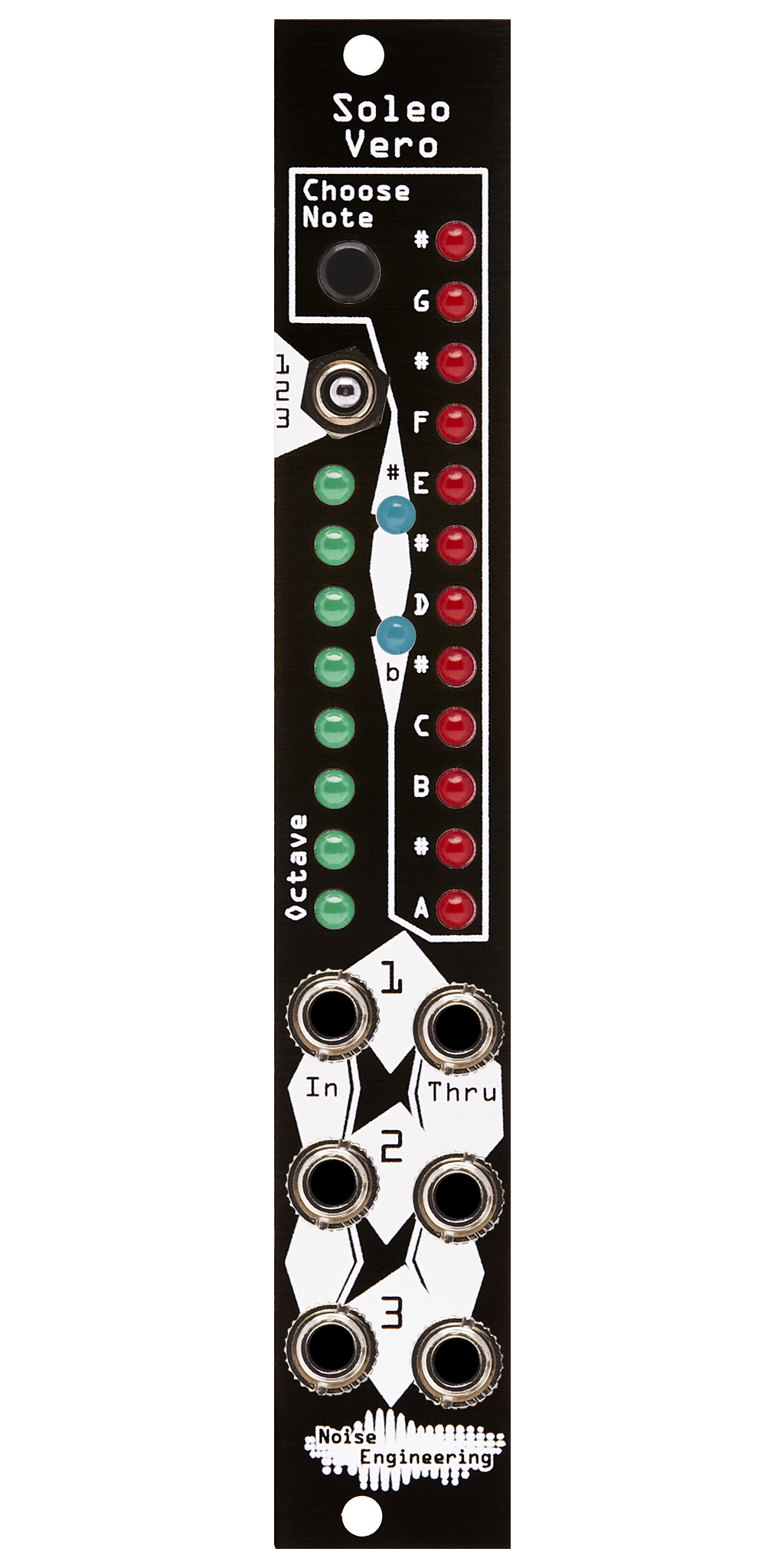 Three-channel Eurorack stroboscopic tuner with patch-through in black | Soleo Vero by Noise Engineering