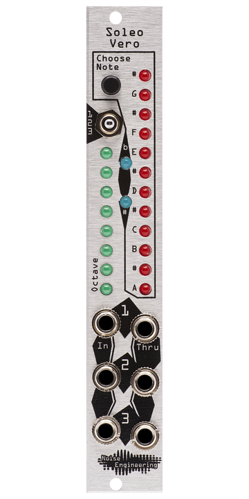 Load image into Gallery viewer, Soleo Vero in silver. SV has a momentary and switch at top and a heck-ton of LEDs. There are three pairs of jacks at the bottom. It looks really gorgeous in silver, but then we might be biased?  | Noise Engineering

