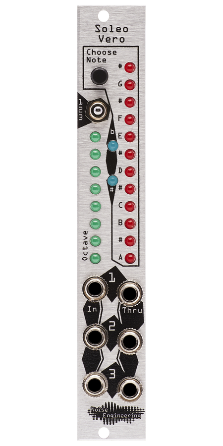 Soleo Vero in silver. SV has a momentary and switch at top and a heck-ton of LEDs. There are three pairs of jacks at the bottom. It looks really gorgeous in silver, but then we might be biased?  | Noise Engineering