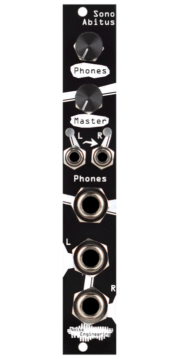 Load image into Gallery viewer, Sono Abitus balanced TRS output Eurorack module in black with stylized art, with two knobs and LEDs at top and 1/8 inch and 1/4 inch jacks at bottom | Noise Engineering
