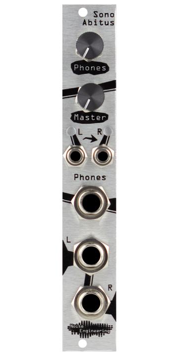 Load image into Gallery viewer, Sono Abitus balanced TRS output Eurorack module in silver with stylized art, with two knobs and LEDs at top and 1/8 inch and 1/4 inch jacks at bottom | Noise Engineering

