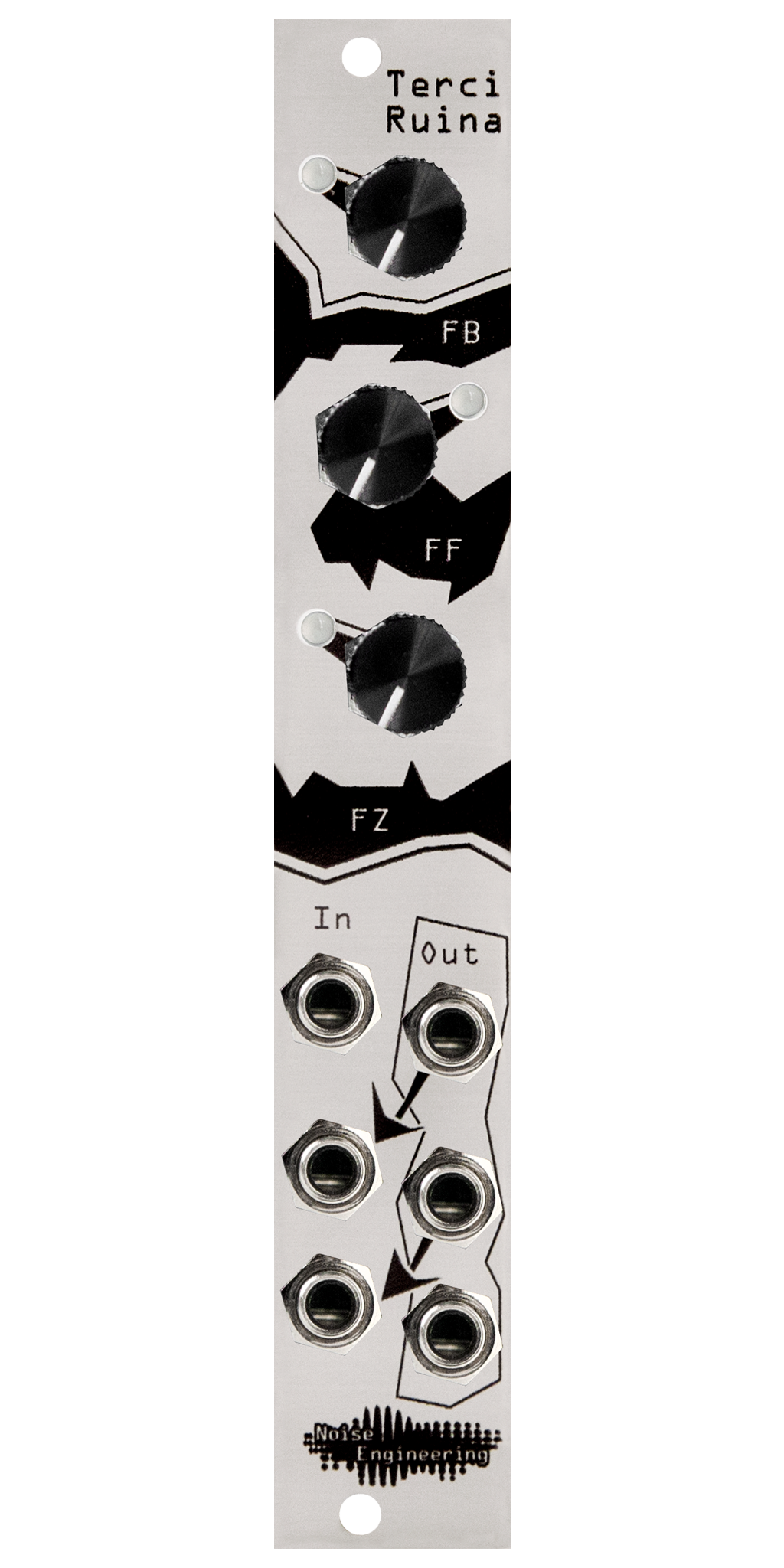 Three individual analog distortion circuits for Eurorack in a tiny footprint in silver | Terci Ruina by Noise Engineering