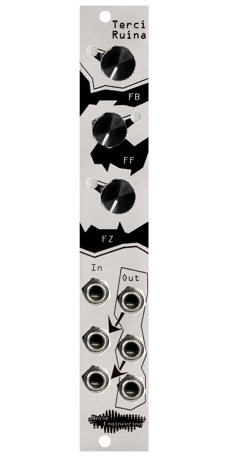 Three individual analog distortion circuits for Eurorack in a tiny footprint in silver | Terci Ruina by Noise Engineering
