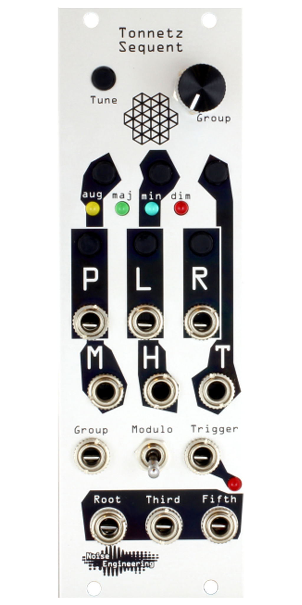 Tonnetz Sequent rhythm-to-triad generator module for Eurorack in silver with buttons, LEDs, and knob at top and jacks on bottom | Noise Engineering