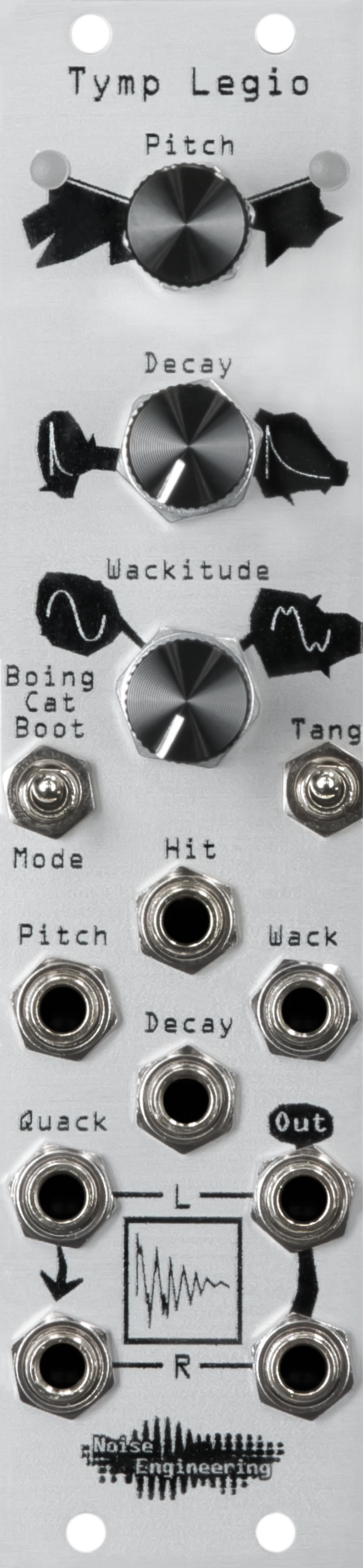 Tymp Legio drum voice and DSP/oscillator Eurorack platform in 6hp, silver aluminum panel with three knobs and LEDs and switches on top and jacks on bottom | Noise Engineering