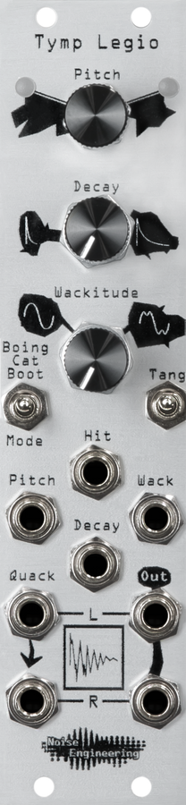 Tymp Legio drum voice and DSP/oscillator Eurorack platform in 6hp, silver aluminum panel with three knobs and LEDs and switches on top and jacks on bottom | Noise Engineering