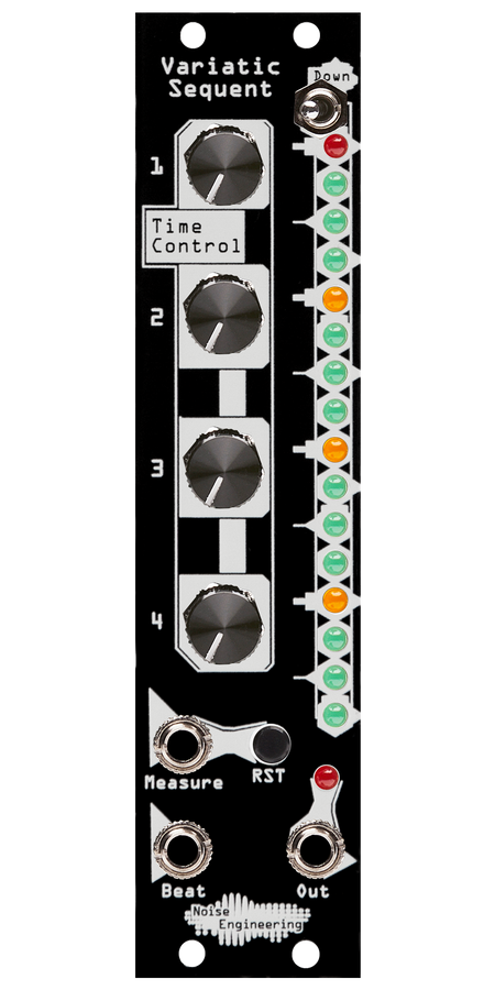 Variatic Sequent a minimal trigger sequencer with flexible expander for Eurorack with knobs and a column of LEDs on top and jacks on bottom with black panel | Noise Engineering