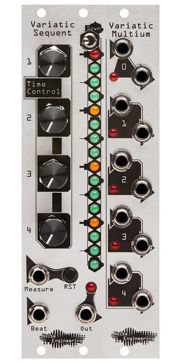 Load image into Gallery viewer, Variatic Sequent a minimal trigger sequencer with flexible expander for Eurorack with knobs and a column of LEDs on top and jacks on bottom with silver panel | Noise Engineering
