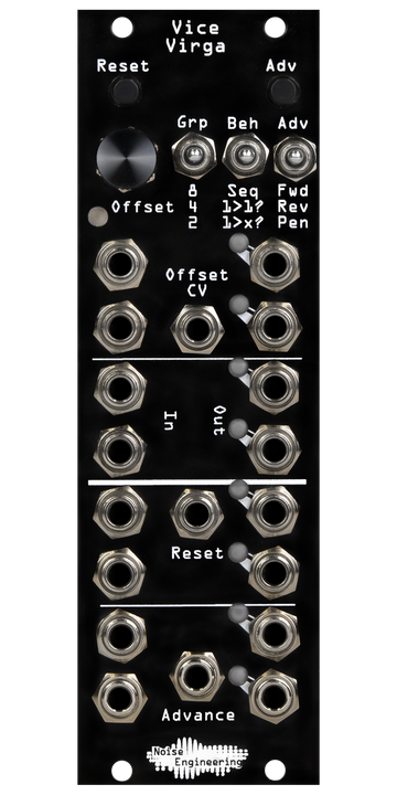 Load image into Gallery viewer, Vice Virga sequential switch Eurorack module with momentary, knob and behavior switches on top and jacks and LEDs on bottom with black panel | Noise Engineering
