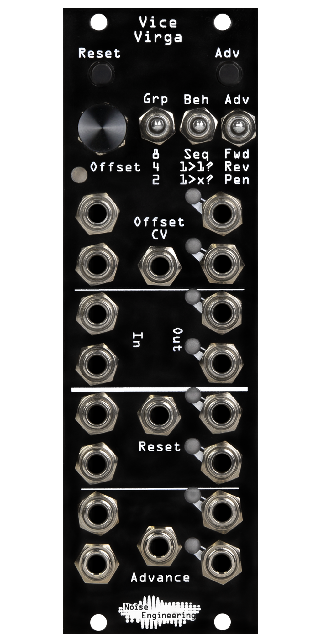 Vice Virga sequential switch Eurorack module with momentary, knob and behavior switches on top and jacks and LEDs on bottom with black panel | Noise Engineering