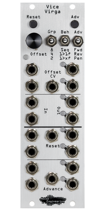 Load image into Gallery viewer, Vice Virga sequential switch Eurorack module with momentary, knob and behavior switches on top and jacks and LEDs on bottom with silver panel | Noise Engineering
