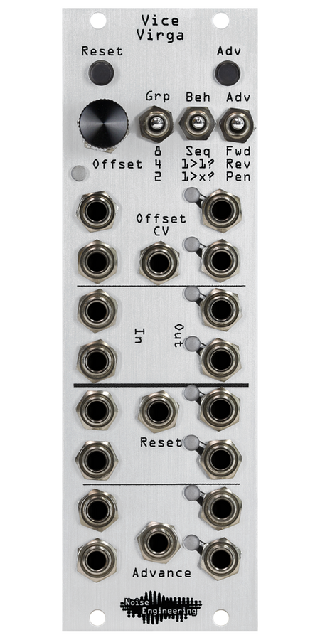 Vice Virga sequential switch Eurorack module with momentary, knob and behavior switches on top and jacks and LEDs on bottom with silver panel | Noise Engineering