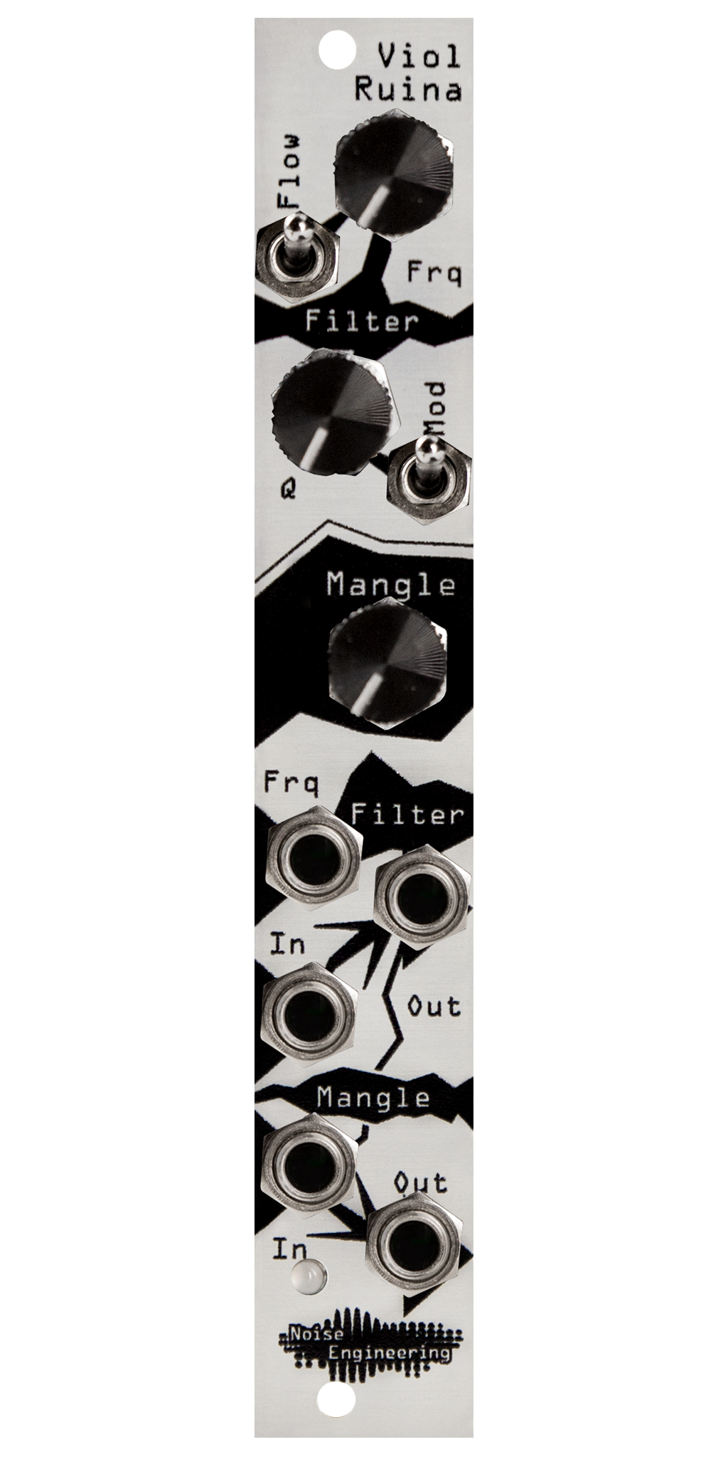 Eurorack analog 24dB resonant lowpass filter and distortion with internal modulation and envelope following in silver | Viol Ruina by Noise Engineering