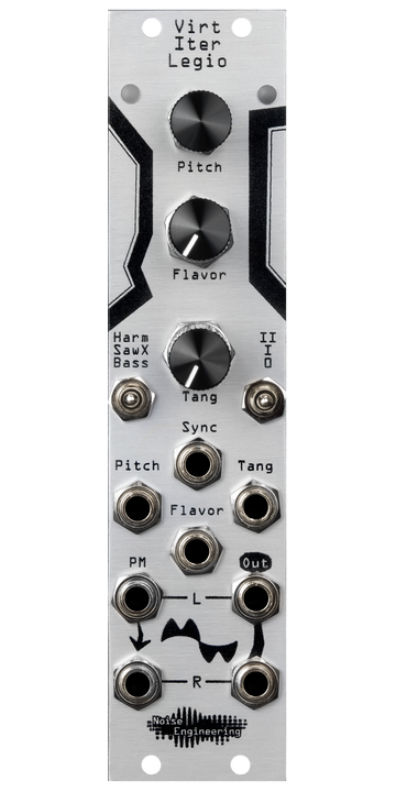 Load image into Gallery viewer, Virt Iter Legio 6 hp Eurorack oscillator and DSP platform in silver with knobs, LEDs, and switches on top and jacks on bottom | Noise Engineering
