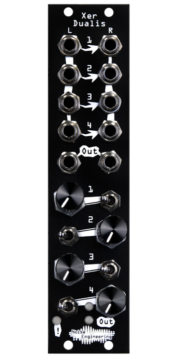 Load image into Gallery viewer, Xer Dualis 4-channel mixer with mutes and clip LED in 6 HP in black. Switches and knobs are on the bottom with jacks on top | Noise Engineering
