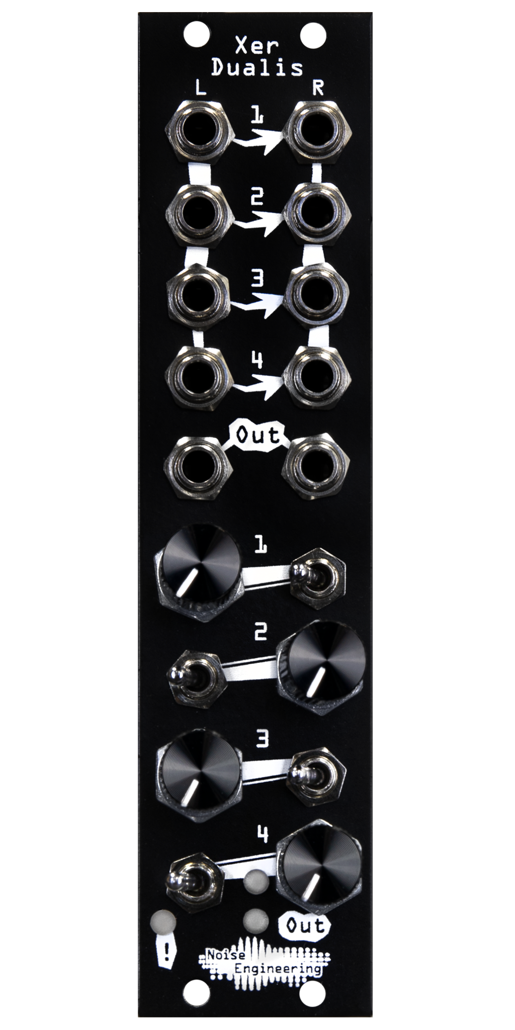 Xer Dualis 4-channel mixer with mutes and clip LED in 6 HP in black. Switches and knobs are on the bottom with jacks on top | Noise Engineering