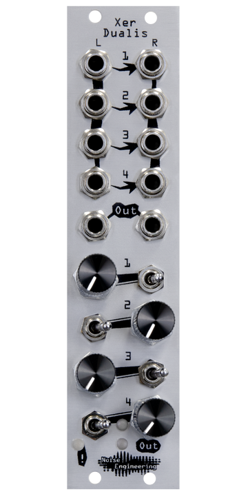 Load image into Gallery viewer, Xer Dualis 4-channel mixer with mutes and clip LED in 6 HP in silver. Switches and knobs are on the bottom with jacks on top | Noise Engineering
