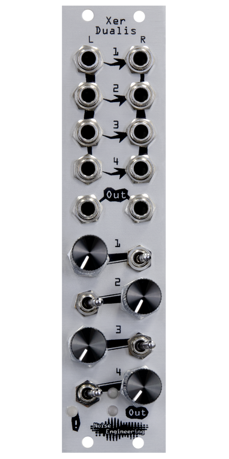 Xer Dualis 4-channel mixer with mutes and clip LED in 6 HP in silver. Switches and knobs are on the bottom with jacks on top | Noise Engineering