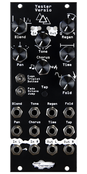 Load image into Gallery viewer, Yester Versio, a stereo 3-tap simple delay in black. Includes tap tempo, chorus control, and wave folding controls. | Noise Engineering
