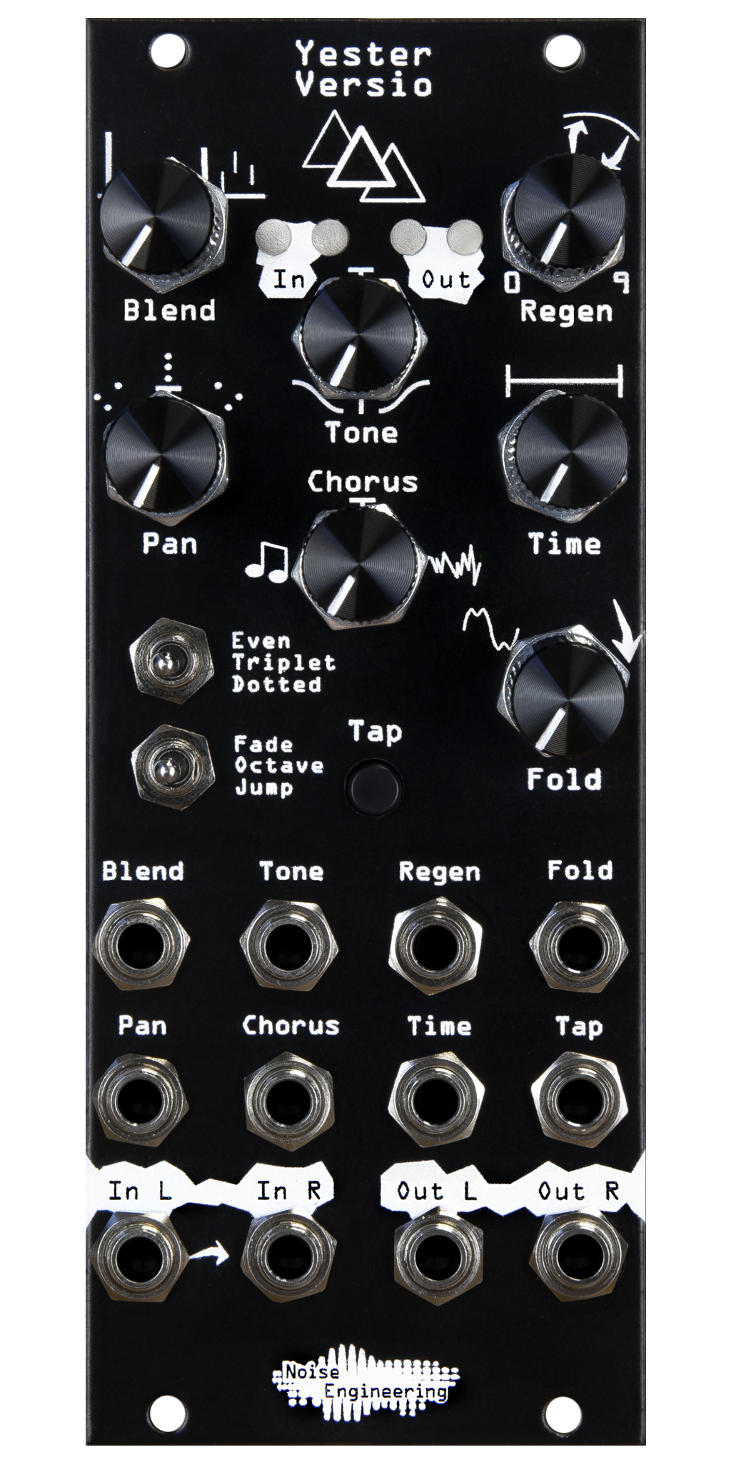 Yester Versio, a stereo 3-tap simple delay in black. Includes tap tempo, chorus control, and wave folding controls. | Noise Engineering