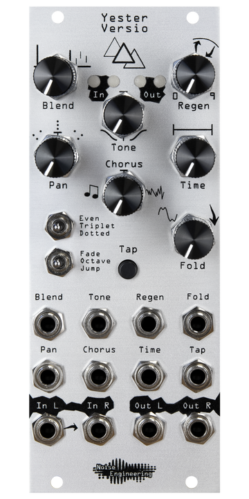 Load image into Gallery viewer, Yester Versio, a stereo 3-tap simple delay in silver. Includes tap tempo, chorus control, and wave folding controls. | Noise Engineering

