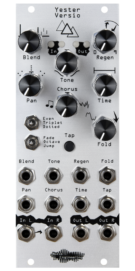 Yester Versio, a stereo 3-tap simple delay in silver. Includes tap tempo, chorus control, and wave folding controls. | Noise Engineering