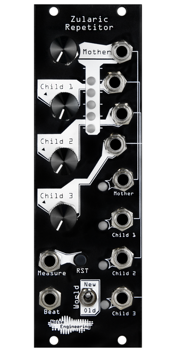 Load image into Gallery viewer, Zularic Repetitor black Eurorack rhythm generator module with stylized art, with four knobs and LEDs at top connecting to buttons, a switch, and jacks a the bottom and right side. | Noise Engineering
