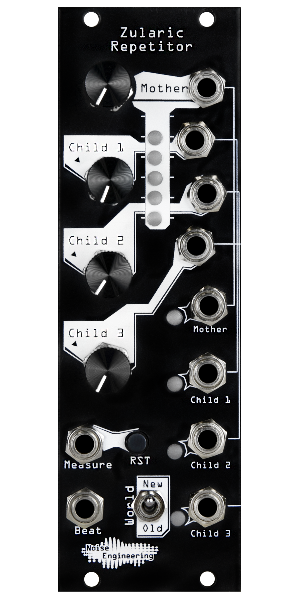 Zularic Repetitor black Eurorack rhythm generator module with stylized art, with four knobs and LEDs at top connecting to buttons, a switch, and jacks a the bottom and right side. | Noise Engineering