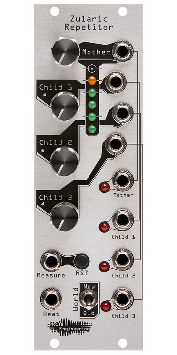 Load image into Gallery viewer, Zularic Repetitor silver panel. When we released this module it only came in silver. That&#39;s probably when this photo is from. Then we made black panels. So maybe you got a black paneled one and really want silver. Maybe you really just want to replace a beat up panel. Either way, we got you. Get this gorgeous panel for the ZR here. ZR features knobs on the top right, LEDs in the middle, and jacks on the left. There are also input jacks on the bottom left, and a switch on the bottom. | Noise Engineering
