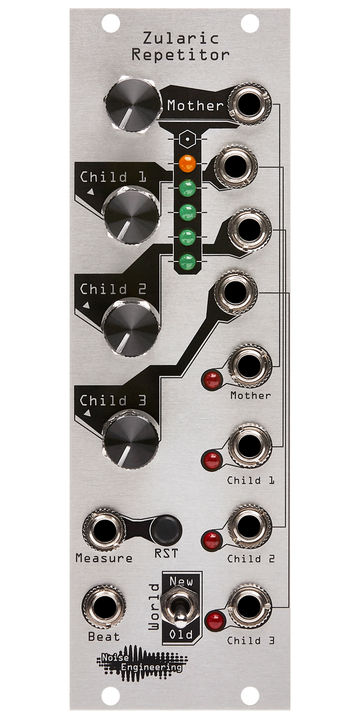 Load image into Gallery viewer, Zularic Repetitor silver Eurorack rhythm generator module with stylized art, with four knobs and LEDs at top connecting to buttons, a switch, and jacks a the bottom and right side. | Noise Engineering
